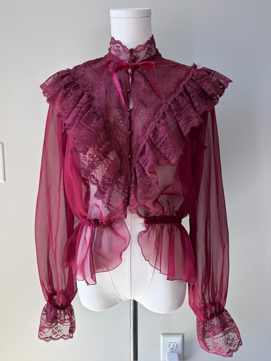 Tops - Vintage Maroon Sheer Victorian Ornamental Lace Ruffle Blouse *See Measurements*